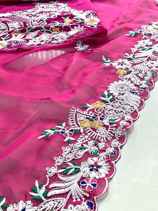 FWVLS SOFT SIMMER CHIFFON PARTY WEAR CUTWORK SAREE WITH BLOUSE PIECE - Rose