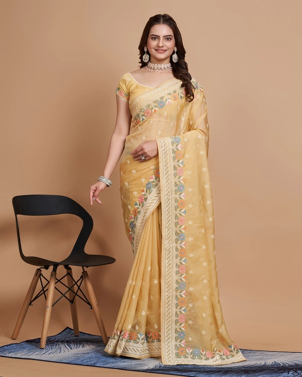 FEVLS PARTY WEAR TABBY SILK ORGANZA SAREE WITH BLOUSE PIECE - Mustered