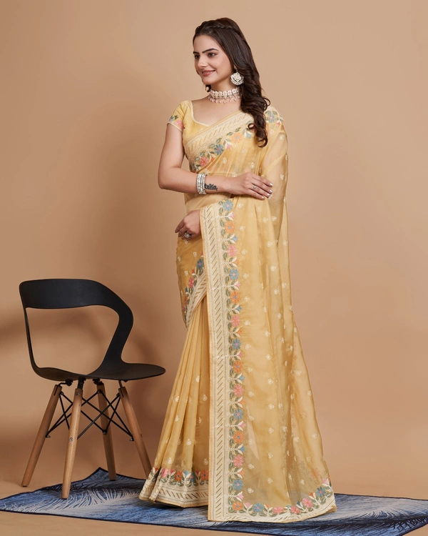 FEVLS PARTY WEAR TABBY SILK ORGANZA SAREE WITH BLOUSE PIECE - Mustered