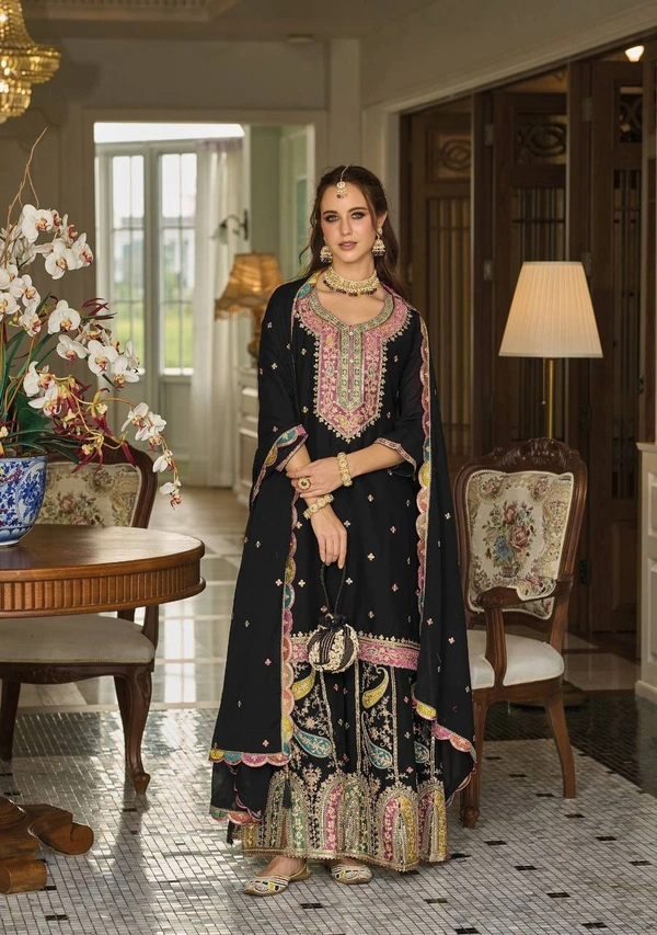 FWVFLC QUALITY GEORGETTE TOP WITH BEAUTIFUL FULLY EMBROIDERED GEORGETTE PLAZZO  - XXL, Black