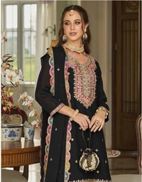 FWVFLC QUALITY GEORGETTE TOP WITH BEAUTIFUL FULLY EMBROIDERED GEORGETTE PLAZZO  - XXL, Black