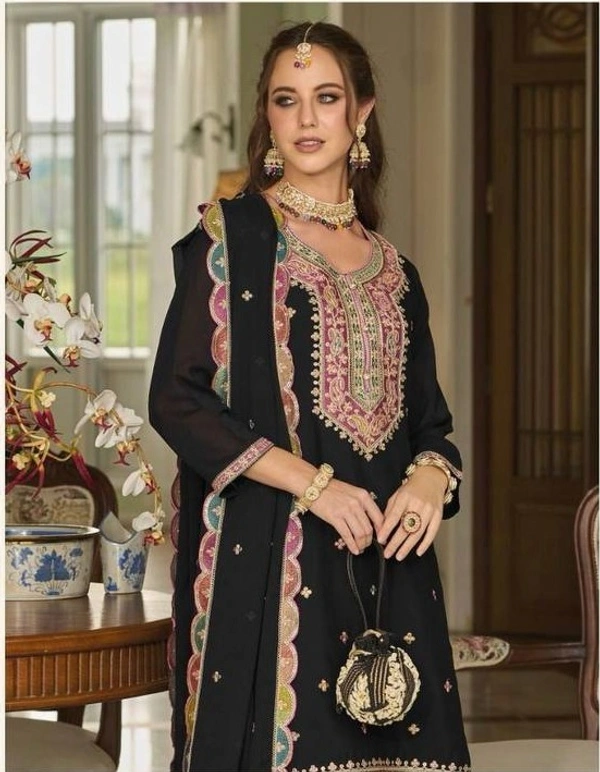 FWVFLC QUALITY GEORGETTE TOP WITH BEAUTIFUL FULLY EMBROIDERED GEORGETTE PLAZZO  - XXL, Black