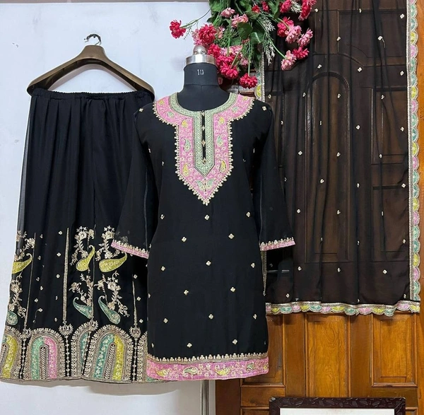 FWVFLC QUALITY GEORGETTE TOP WITH BEAUTIFUL FULLY EMBROIDERED GEORGETTE PLAZZO  - XXL, Black