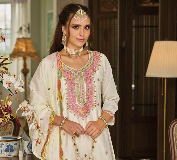 FWVFLC QUALITY GEORGETTE TOP WITH BEAUTIFUL FULLY EMBROIDERED GEORGETTE PLAZZO  - XXL, White