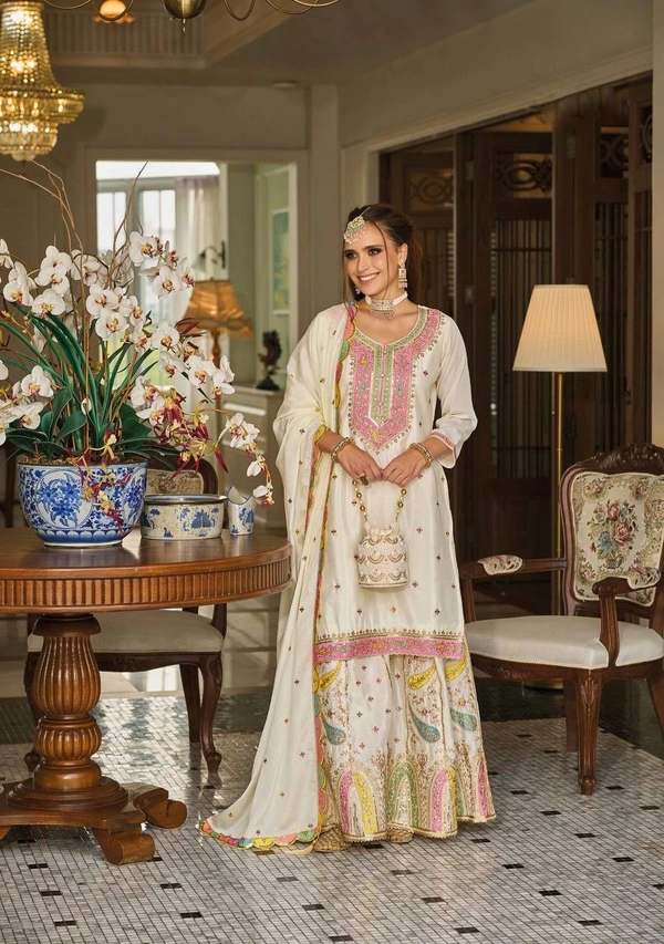 FWVFLC QUALITY GEORGETTE TOP WITH BEAUTIFUL FULLY EMBROIDERED GEORGETTE PLAZZO  - XXL, White