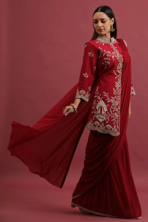 FWHB TRENDING CORDING WORK READY TO WEAR SAREE WITH FULL KOTI - XL, Red