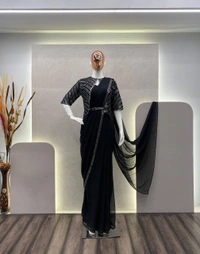 FWBE NEW FANCY READY TO WEAR FAUX GEORGETTE SEQUENCE WORK SAREE WITH KOTI AND FULLSTITCHED BLOUSE - XXL-44, Black