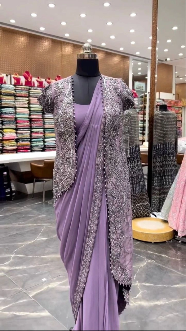 FWHB EMBROIDERY CORDING WORK READY TO WEAR SAREE WITH FULL KOTI - XL, Lavender Purple