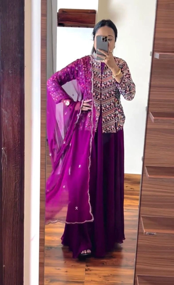 FWHB PARTY WEAR HEAVY EMBROIDERED JACKET LEHENGA SET WITH DUPATTA - XL, Purple