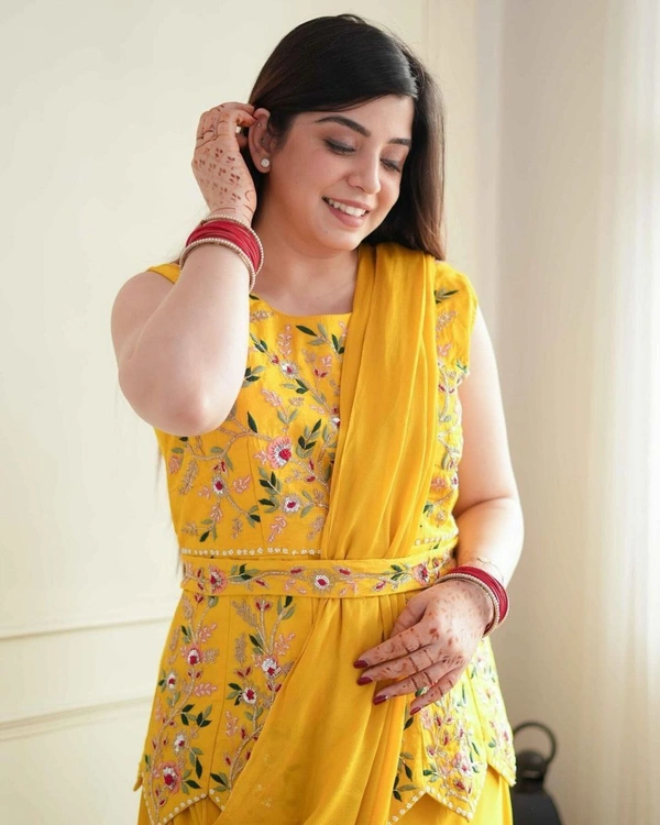 FWHB EMBROIDERY CORDING WORK READY TO WEAR SAREE WITH HALF KOTI - XXL, Yellow