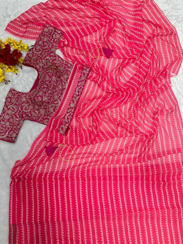 FWHB READY TO WEAR SAREE WITH STITCHED EMBROIDERED BLOUSE - XL, Coral Red