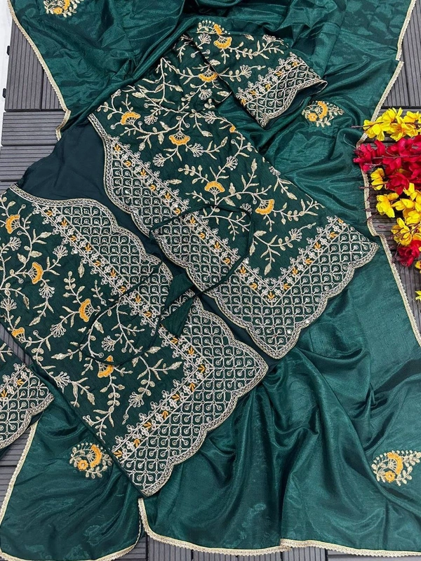 FWHB TRENDING SPECIAL CORDING WORK READY TO WEAR SAREE WITH FULL KOTI - XXL, Deep Green