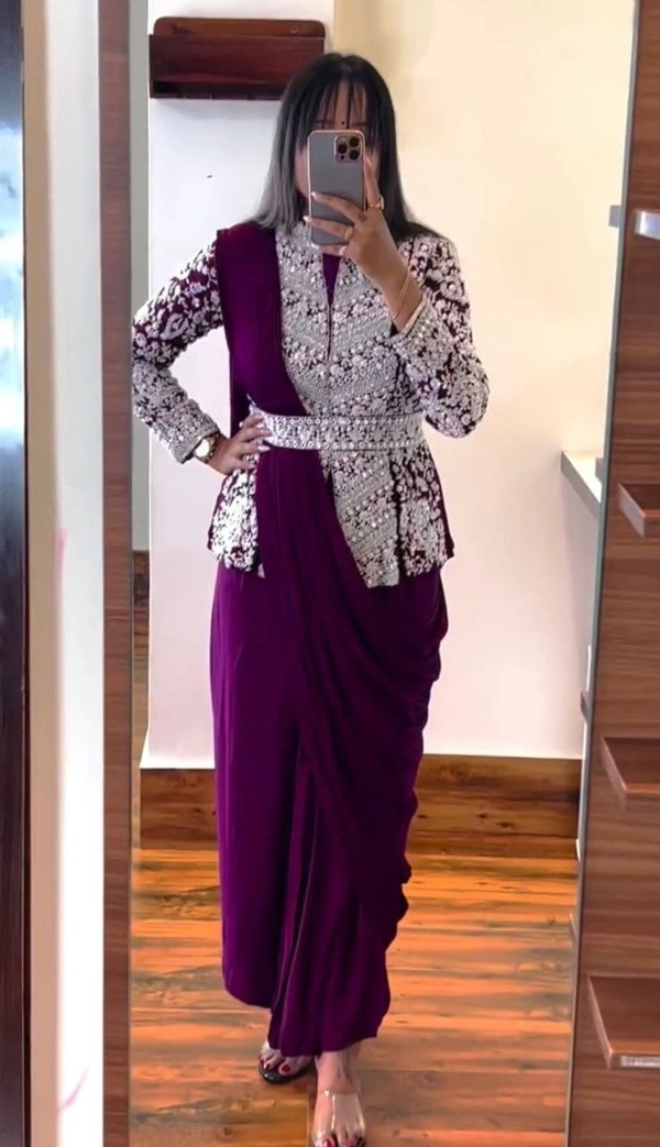 FWHB SUPER CORDING WORRK READY TO WEAR SAREE WITH FULL EMBROIDRED KOTI - XL, Dark Purple