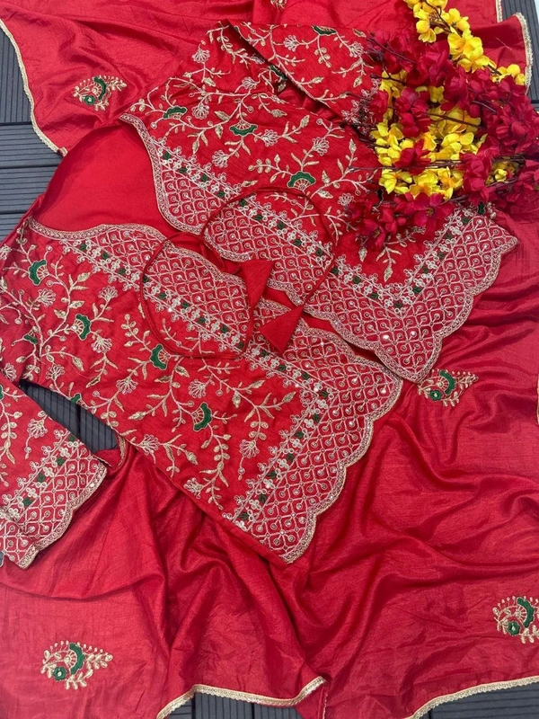 FWHB TRENDING SPECIAL CORDING WORK READY TO WEAR SAREE WITH FULL KOTI - XXL, Red