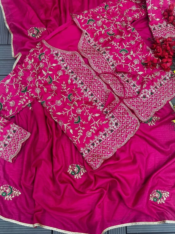 FWHB TRENDING SPECIAL CORDING WORK READY TO WEAR SAREE WITH FULL KOTI - XXL, Hot Pink