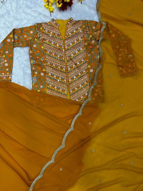 FWHB PARTY WEAR HEAVY EMBROIDERED JACKET LEHENGA SET WITH DUPATTA - XL, Yellow
