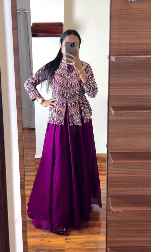 FWHB PARTY WEAR HEAVY EMBROIDERED JACKET LEHENGA SET WITH DUPATTA - XL, Purple