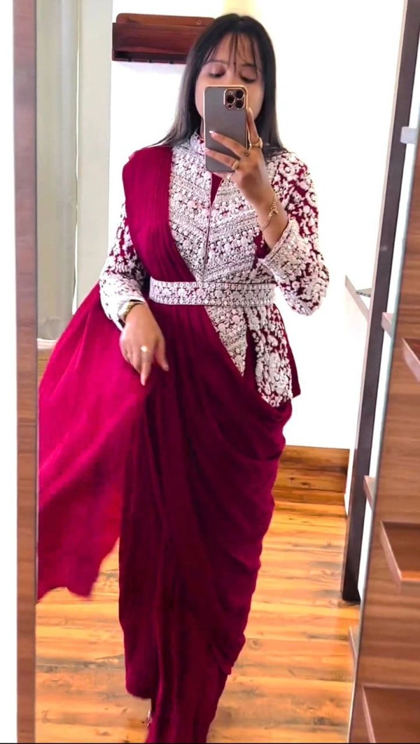 FWHB SUPER CORDING WORRK READY TO WEAR SAREE WITH FULL EMBROIDRED KOTI - XL, Cardinal Pink