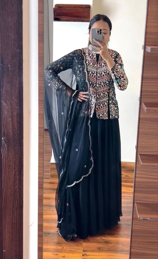 FWHB PARTY WEAR HEAVY EMBROIDERED JACKET LEHENGA SET WITH DUPATTA - XL, Green Vogue
