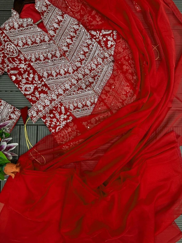 FWHB SUPER CORDING WORRK READY TO WEAR SAREE WITH FULL EMBROIDRED KOTI - XL, Red