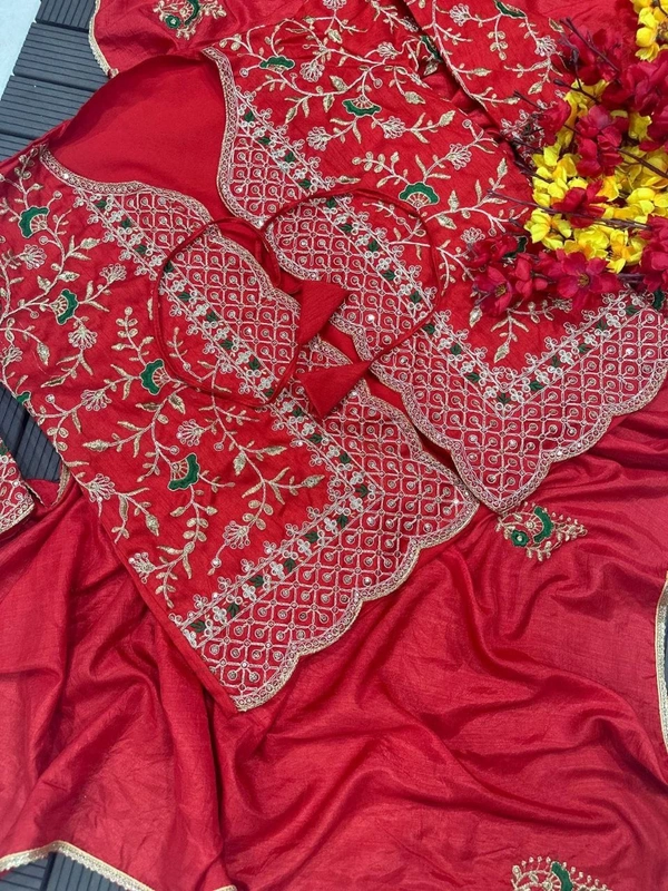 FWHB TRENDING SPECIAL CORDING WORK READY TO WEAR SAREE WITH FULL KOTI - XXL, Red