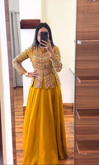 FWHB PARTY WEAR HEAVY EMBROIDERED JACKET LEHENGA SET WITH DUPATTA - XL, Yellow
