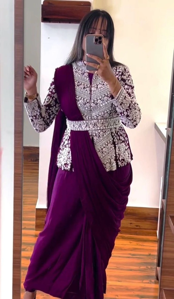 FWHB SUPER CORDING WORRK READY TO WEAR SAREE WITH FULL EMBROIDRED KOTI - XL, Dark Purple