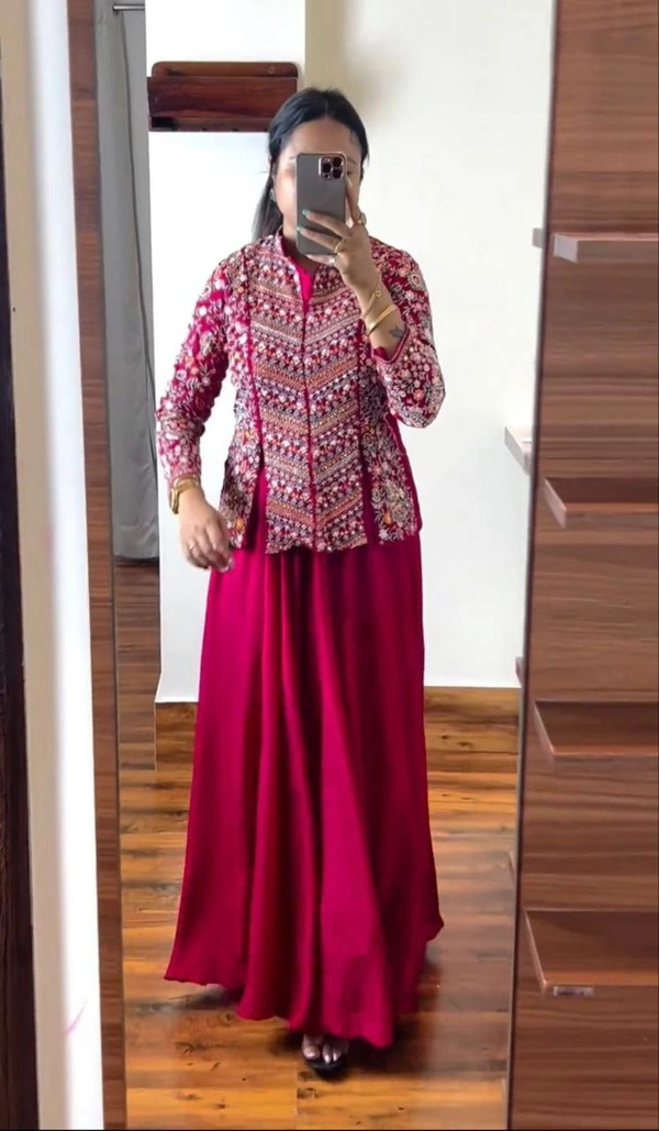 FWHB PARTY WEAR HEAVY EMBROIDERED JACKET LEHENGA SET WITH DUPATTA - XL, Hot Pink