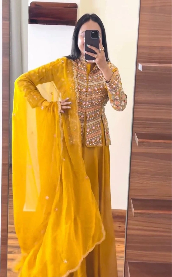 FWHB PARTY WEAR HEAVY EMBROIDERED JACKET LEHENGA SET WITH DUPATTA - XL, Yellow