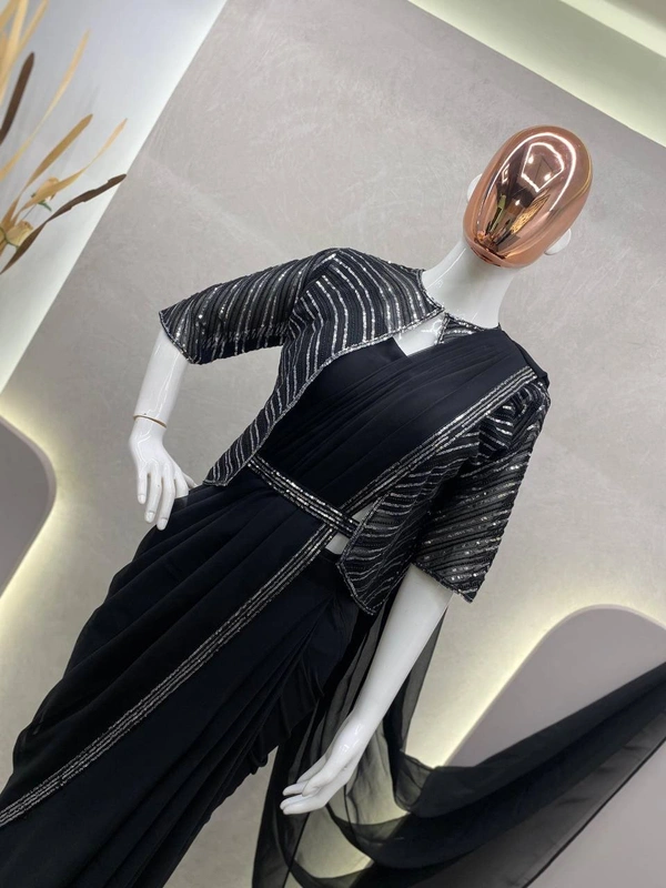 FWBE NEW FANCY READY TO WEAR FAUX GEORGETTE SEQUENCE WORK SAREE WITH KOTI AND FULLSTITCHED BLOUSE - XXL-44, Black