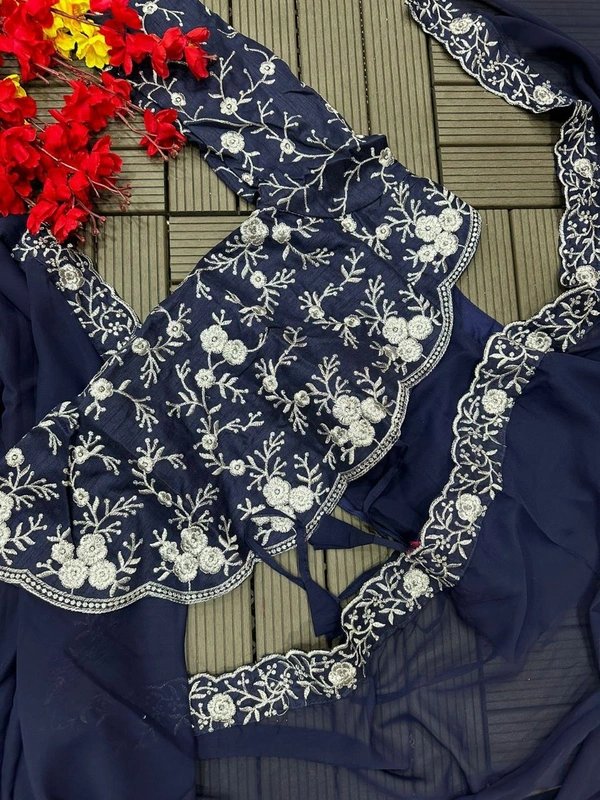 FWHB SUPER TRENDING EMBROIDERY CORDING WORK READY TO WEAR SAREE WITH HALF KOTI - 42, Navy Blue