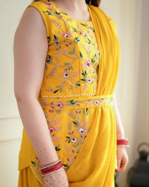FWHB EMBROIDERY CORDING WORK READY TO WEAR SAREE WITH HALF KOTI - XXL, Yellow