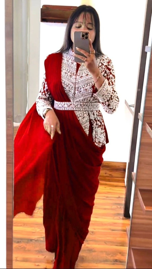 FWHB SUPER CORDING WORRK READY TO WEAR SAREE WITH FULL EMBROIDRED KOTI - XL, Red
