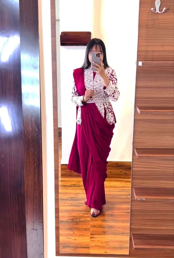 FWHB SUPER CORDING WORRK READY TO WEAR SAREE WITH FULL EMBROIDRED KOTI - XL, Cardinal Pink