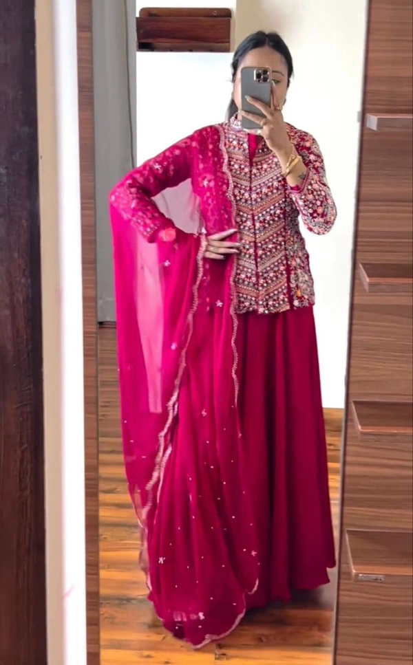 FWHB PARTY WEAR HEAVY EMBROIDERED JACKET LEHENGA SET WITH DUPATTA - XL, Hot Pink