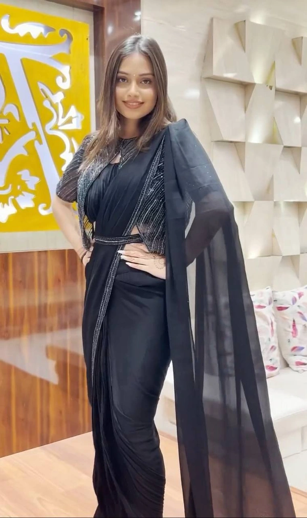 FWBE NEW FANCY READY TO WEAR FAUX GEORGETTE SEQUENCE WORK SAREE WITH KOTI AND FULLSTITCHED BLOUSE - XXL-44, Black