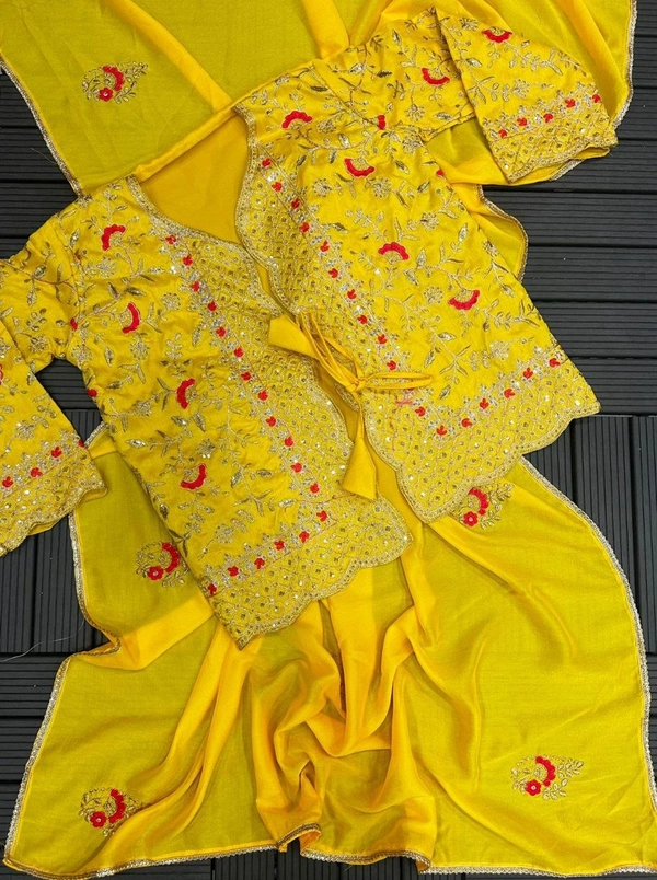 FWHB TRENDING SPECIAL CORDING WORK READY TO WEAR SAREE WITH FULL KOTI - XXL, Yellow