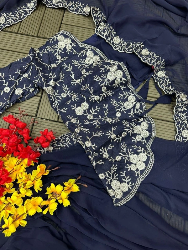 FWHB SUPER TRENDING EMBROIDERY CORDING WORK READY TO WEAR SAREE WITH HALF KOTI - 42, Navy Blue