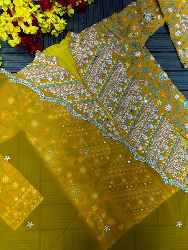 FWHB PARTY WEAR HEAVY EMBROIDERED JACKET LEHENGA SET WITH DUPATTA - XL, Yellow