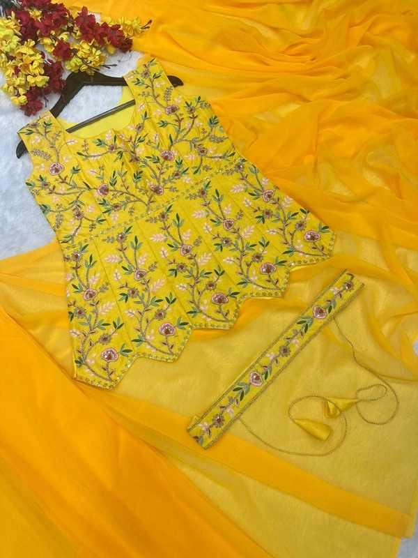 FWHB EMBROIDERY CORDING WORK READY TO WEAR SAREE WITH HALF KOTI - XXL, Yellow
