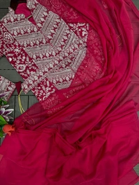 FWHB SUPER CORDING WORRK READY TO WEAR SAREE WITH FULL EMBROIDRED KOTI - XL, Cardinal Pink