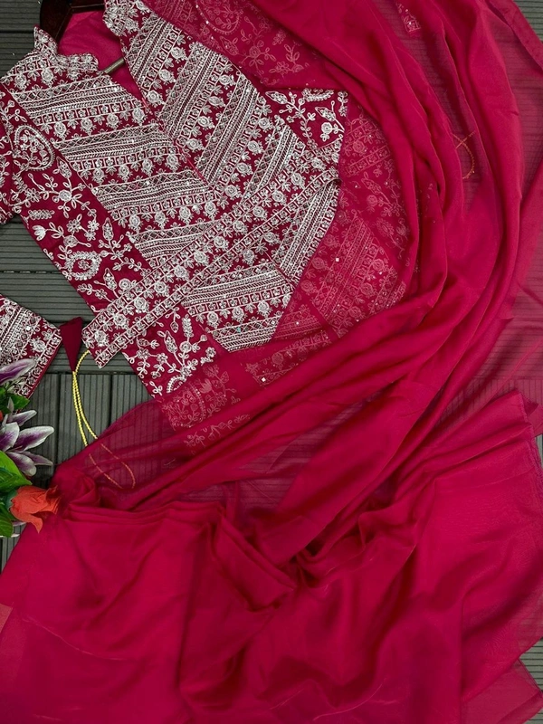 FWHB SUPER CORDING WORRK READY TO WEAR SAREE WITH FULL EMBROIDRED KOTI - XL, Cardinal Pink