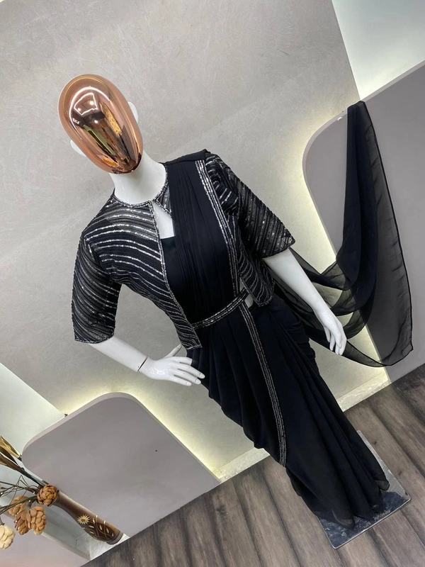 FWBE NEW FANCY READY TO WEAR FAUX GEORGETTE SEQUENCE WORK SAREE WITH KOTI AND FULLSTITCHED BLOUSE - XXL-44, Black