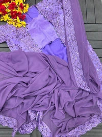 FWHB EMBROIDERY CORDING WORK READY TO WEAR SAREE WITH FULL KOTI - XL, Lavender Purple