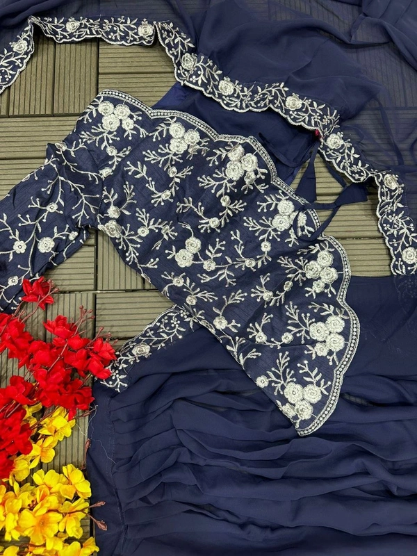 FWHB SUPER TRENDING EMBROIDERY CORDING WORK READY TO WEAR SAREE WITH HALF KOTI - 42, Navy Blue