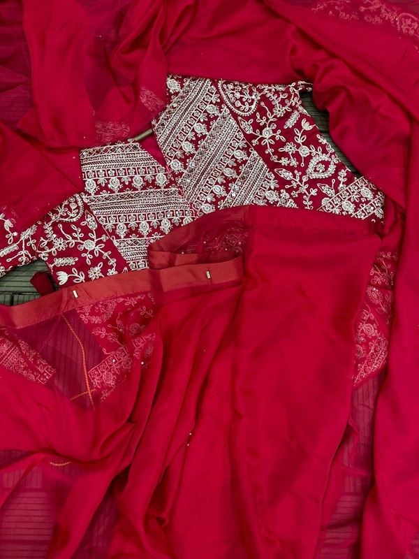 FWHB SUPER CORDING WORRK READY TO WEAR SAREE WITH FULL EMBROIDRED KOTI - XL, Cardinal Pink