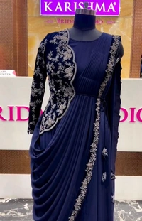 FWHB SUPER TRENDING EMBROIDERY CORDING WORK READY TO WEAR SAREE WITH HALF KOTI - 42, Navy Blue