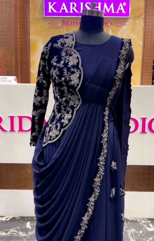 FWHB SUPER TRENDING EMBROIDERY CORDING WORK READY TO WEAR SAREE WITH HALF KOTI - 42, Navy Blue