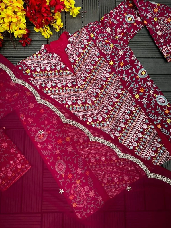 FWHB PARTY WEAR HEAVY EMBROIDERED JACKET LEHENGA SET WITH DUPATTA - XL, Hot Pink