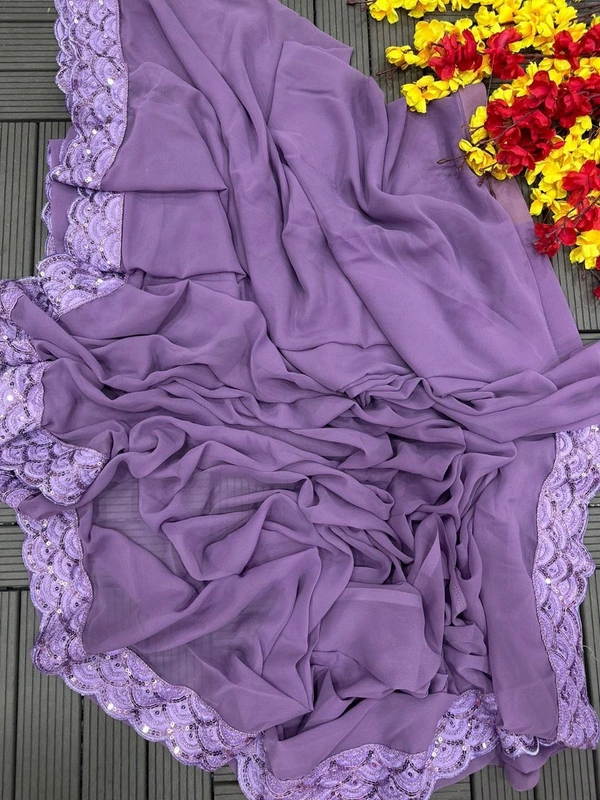 FWHB EMBROIDERY CORDING WORK READY TO WEAR SAREE WITH FULL KOTI - XL, Lavender Purple